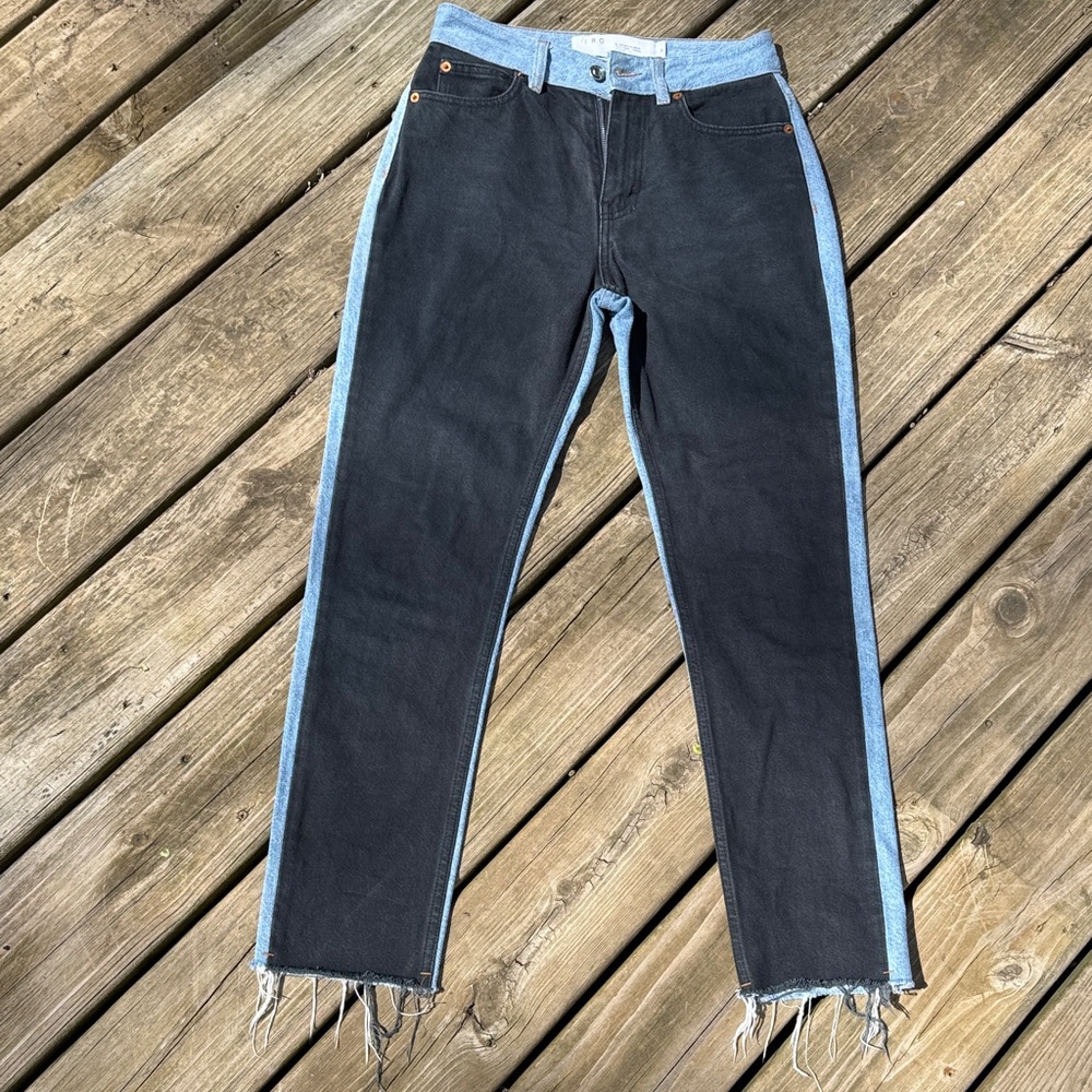 IRO Light Blue and Black Straight Leg High Rise Jeans